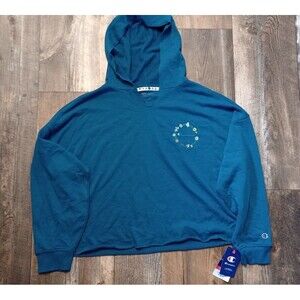 NWT Women's Champion Teal Green Cropped Hooded Pullover Sweatshirt, 2XL